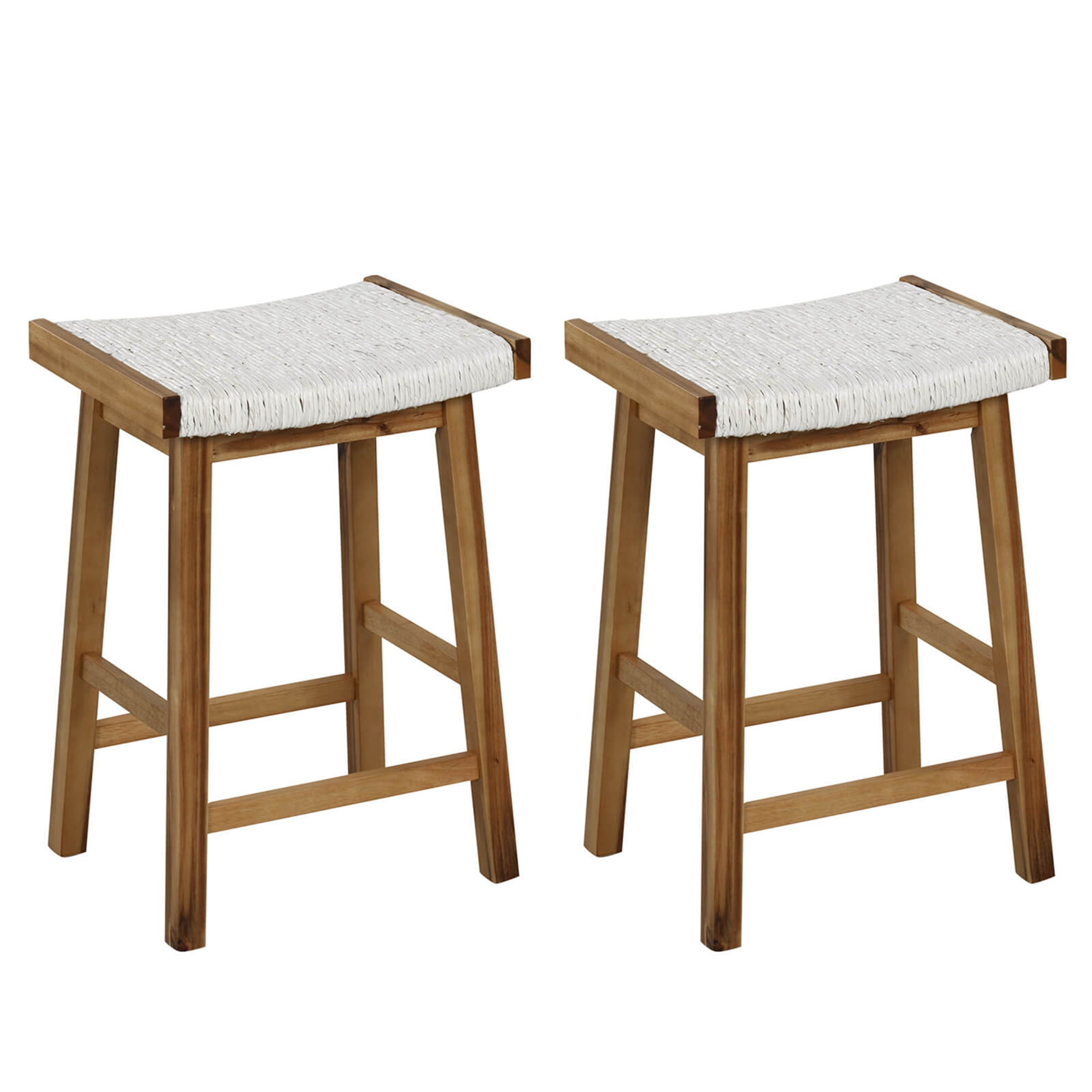 Costway 25.5 Dining Saddle Stool Set of 2 Counter Height Seaweed Woven Seat Solid Wood