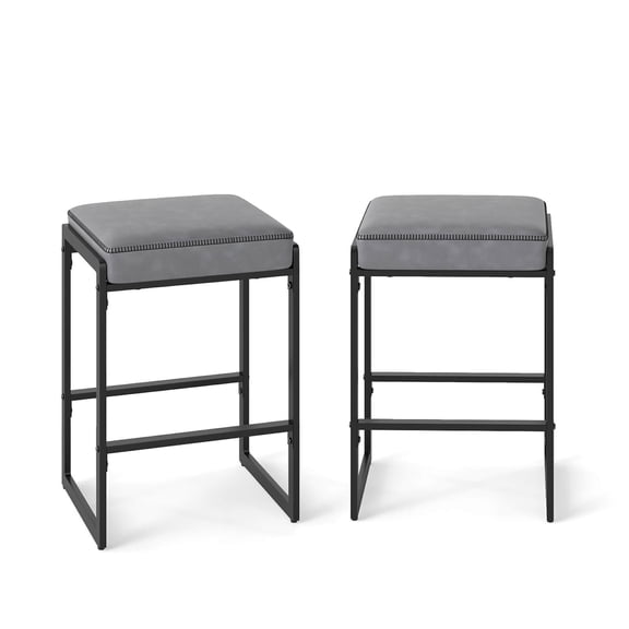 Costway 26” Bar Stools Set of 2 with Faux Leather Upholstered Seat, Metal Legs, Footrests Gray + Black