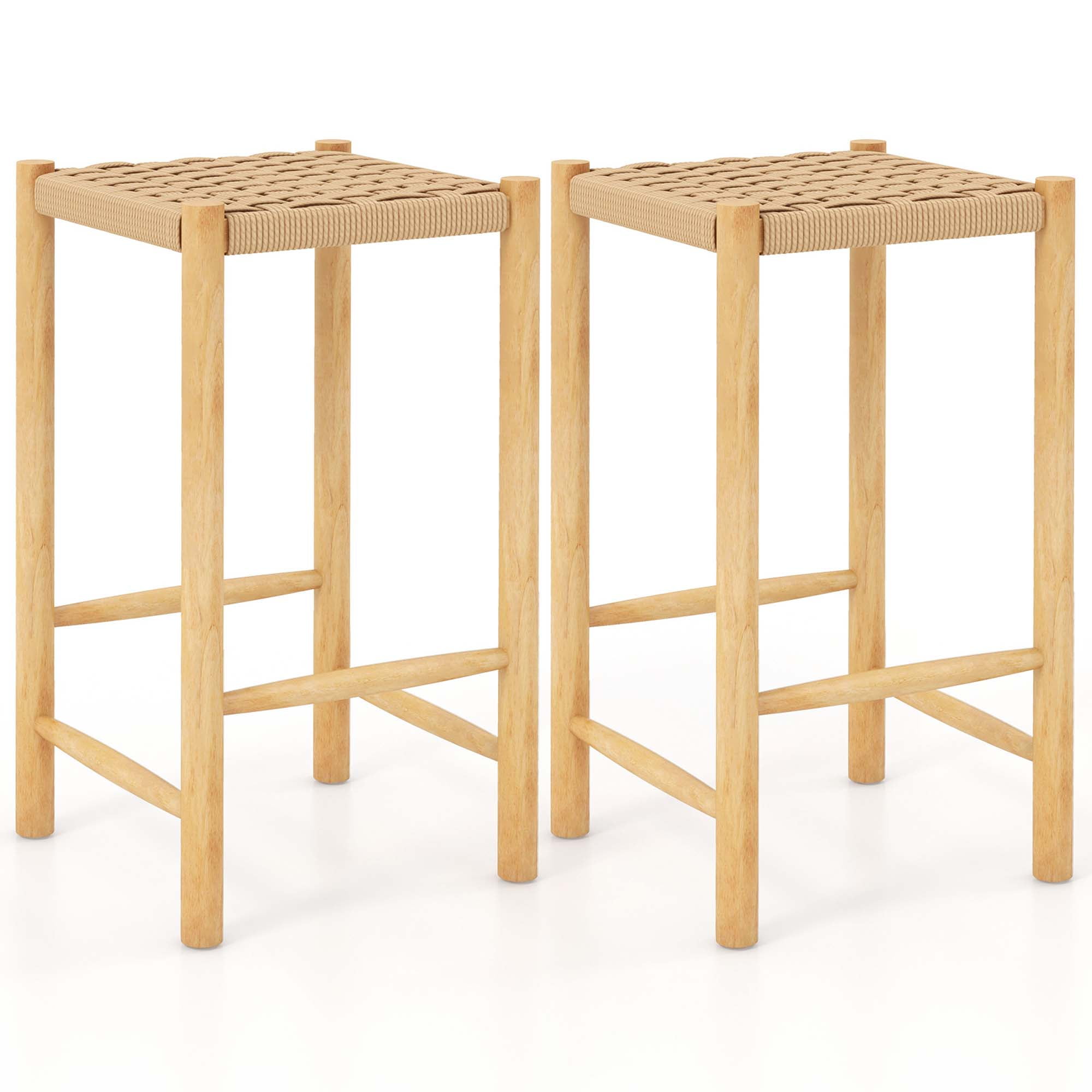 Natural Rubber Wood Backless Saddle Bar Stools with Woven Seat, Set of 2