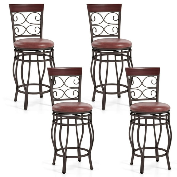 Costway 26" Swivel Bar Stools Set of 4 with Upholstered Seat Scroll Backrest Footrest Brown