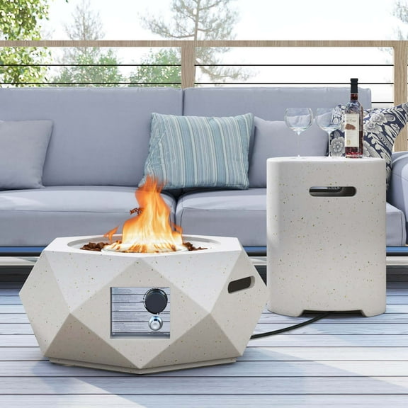 Costway 28" Hexagon Terrazzo Propane Gas Fire Pit Table Set with Hideaway Tank Holder