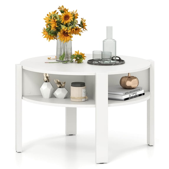 Costway 29.5" 2-Tier Round Coffee Table with Storage 4 Shelves Faux Wooden Top White