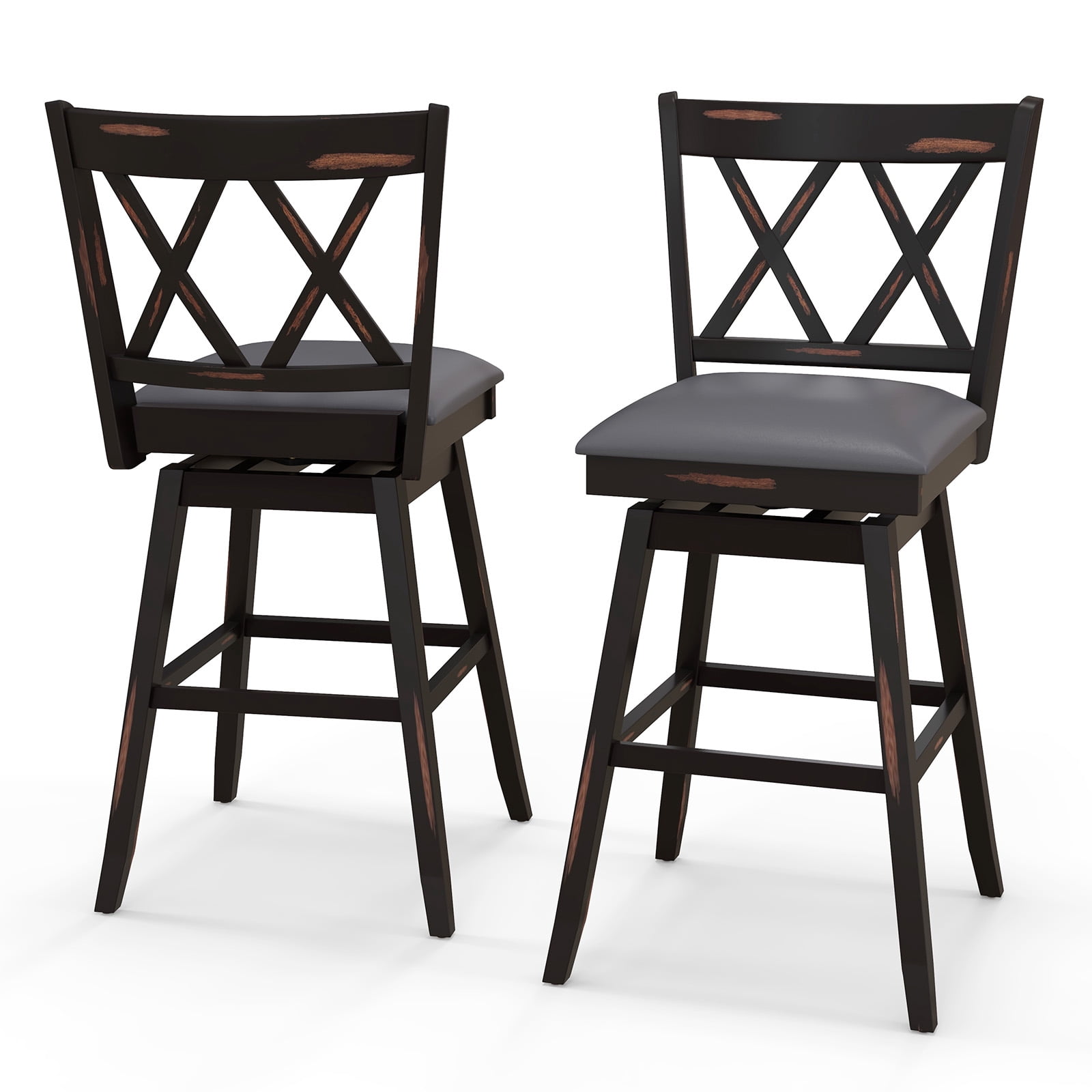 Costway 29" Bar Stools Set of 2 with Ergonomic Backrest Rubber Wood Legs Swivel Height Chairs Black, Gray