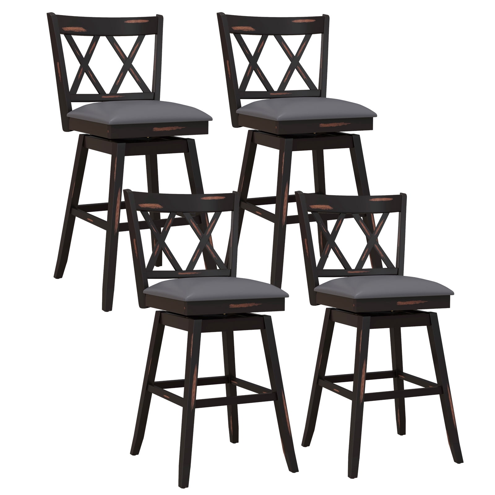 Costway 29" Bar Stools Set of 4 with Ergonomic Backrest Rubber Wood Legs Swivel Height Chairs Black, Gray