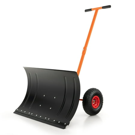 Costway 29" Snow Shovel Heavy-Duty Metal Adjustable Angle & Height Snow Clear with Wheels - Black + Orange
