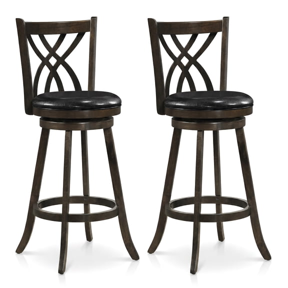 Costway 29” Swivel Bar Stool Set of 2 with Rubber Wood Frame, Hollowed Backrest, Footrest