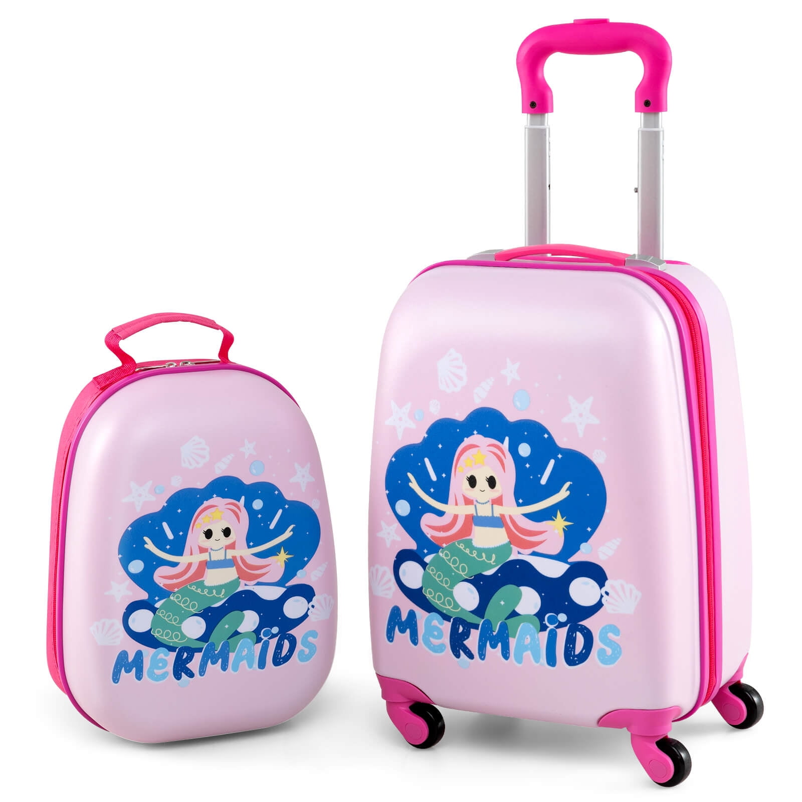 Costway 2PC Kids Carry On Luggage Set 12" Backpack and 16" Rolling Suitcase for Travel Pink + Blue