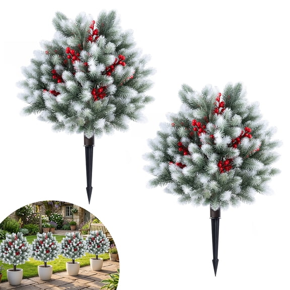 Costway 2PCS 27.5" Artificial Cedar Topiary Ball Trees with Ground Spikes, Indoor & Outdoor