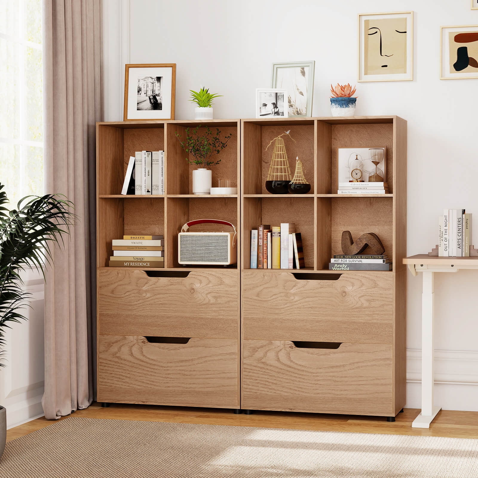 Costway 2PCS 4-Cube Bookcase with 2 Drawers, 5-Tier Tall Freestanding Bookshelf for Study Natural