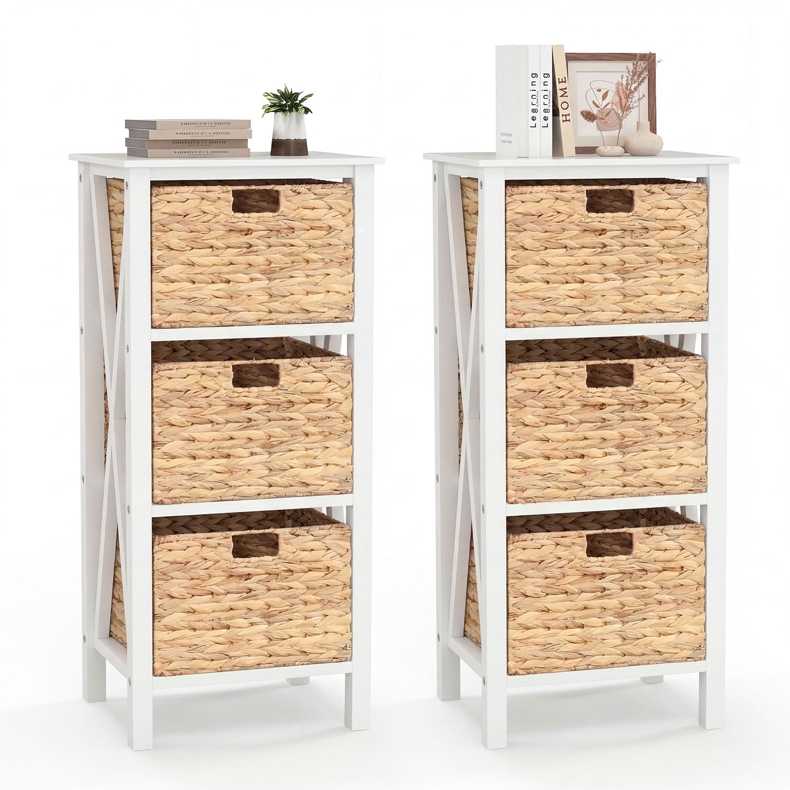 Costway 2PCS 4-Tier Nightstand with 3 Seagrass Baskets, Acacia Wood Legs for Living Room White & Natural