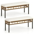 thumbnail image 1 of Costway 2PCS 48” Wicker Patio Bench with Acacia Wood Seat Removable Padded Cushion for Deck, 1 of 9