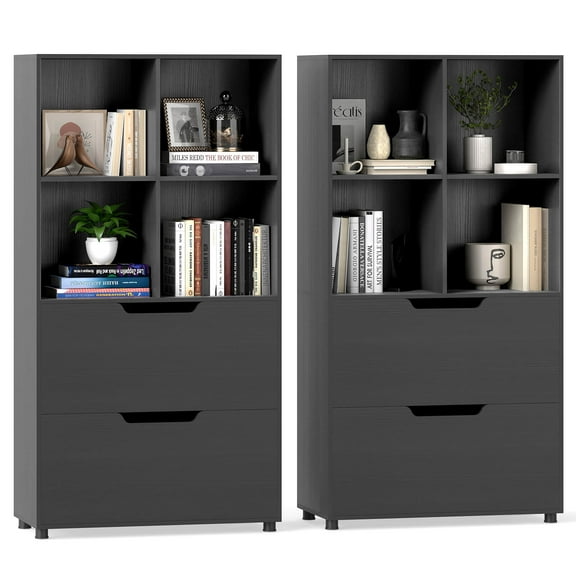 Costway 2PCS 51” 5-Tier 4-Cube Bookcase with 2 Drawers for Living Room, Study, Home Office Black