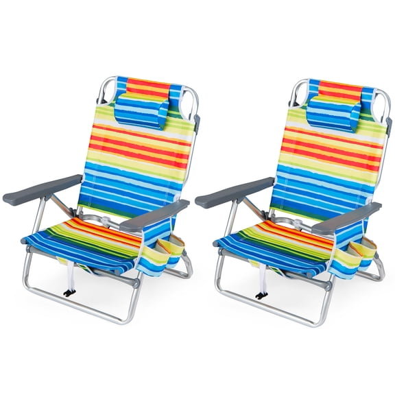 Costway 2PCS Beach Chairs with 5-Position Backrest & Padded Headrest, Cup Holder & Ice Bag Rainbow Strip