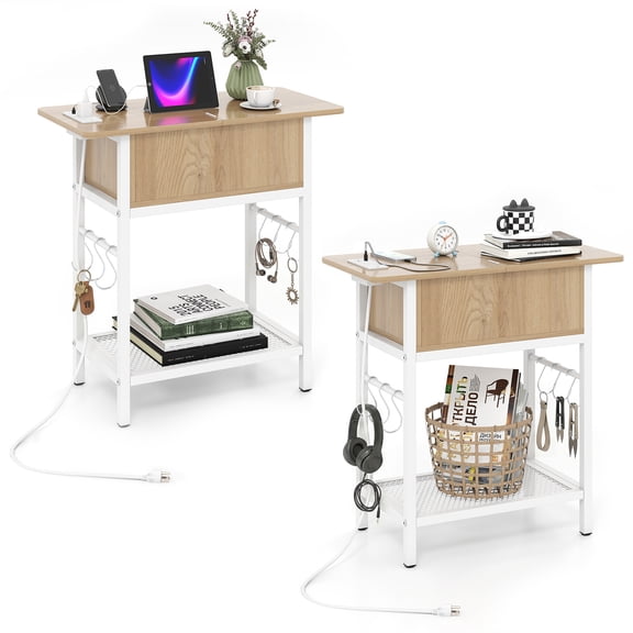 Costway 2PCS End Table with Charging Station, USB Ports, Outlets, Storage Shelf for Bedroom Natural & White