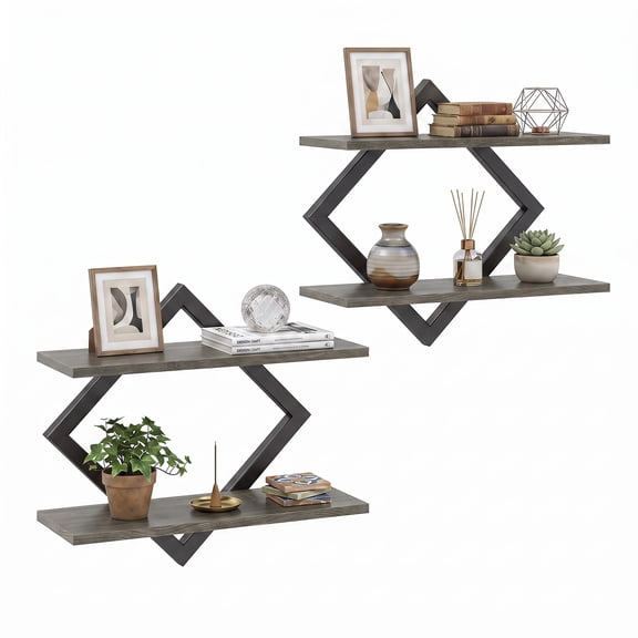 Costway 2PCS Floating Shelves with Geometric Frame, 2-Tier Wall Mounted Decorative Shelves Black + Gray Oak