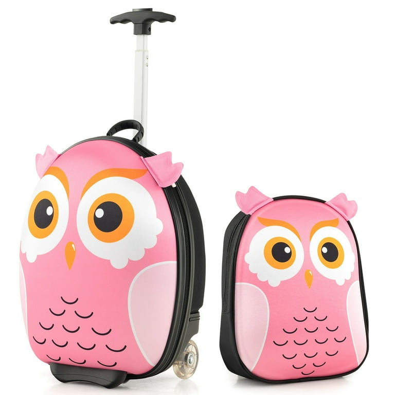 Costway Kids 2PCS Carry On Luggage 16 Owl Rolling Suitcase 12 Backpack Pink Walmart