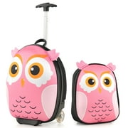 Costway 2PCS Kids Carry On Luggage Set 16'' Owl Rolling Suitcase with 12'' Backpack Travel Pink