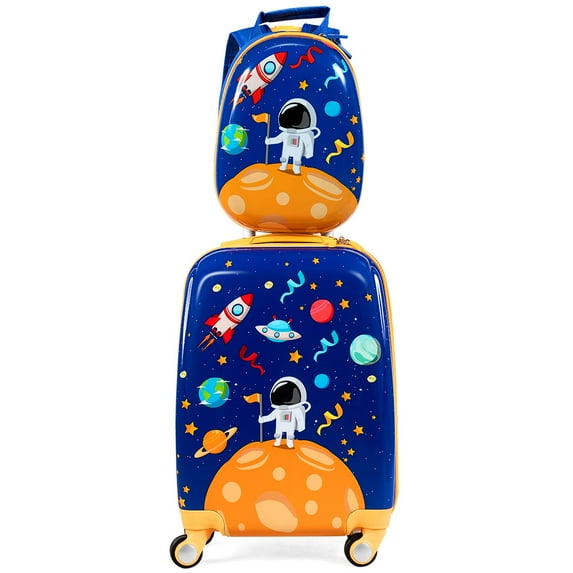 Costway 2PCS Kids Luggage Set 18'' Rolling Suitcase & 12'' Backpack Travel ABS Spaceman Blue