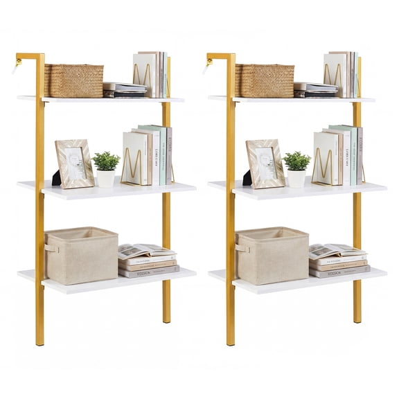 Costway 2PCS Modern Wall Mounted Shelves, Wooden Floating Shelving Unit for Kitchen Gold and White