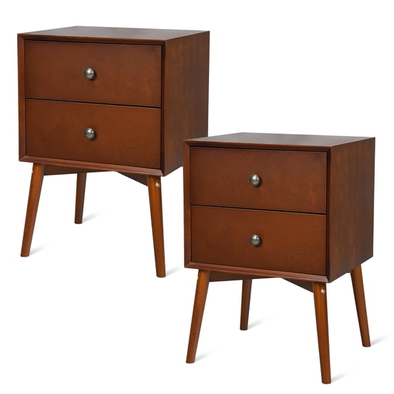 Costway 2PCS Nightstand Mid-Century End Side Table 2 Drawer Rubber Wood Legs Living Room