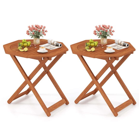 Costway 2PCS Outdoor Patio Folding Wood Dining Table for 4 with 2" Umbrella Hole for Garden
