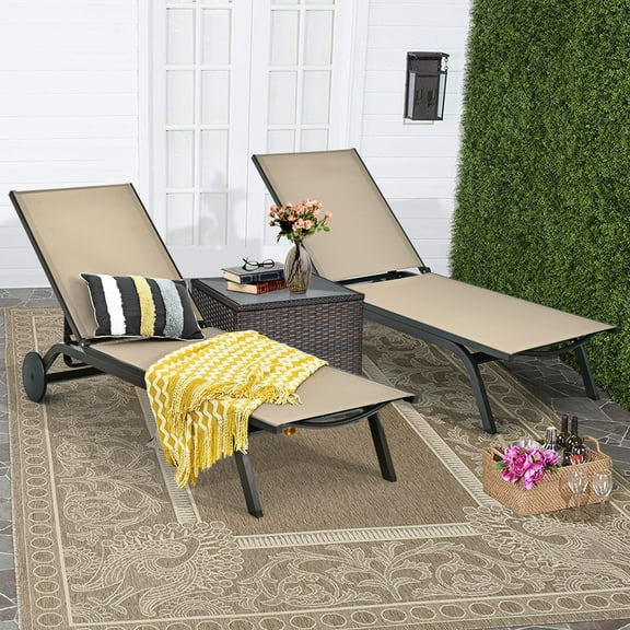 Costway 2PCS Outdoor Patio Lounge Chair Chaise Recliner Aluminum Fabric Adjustable Brown