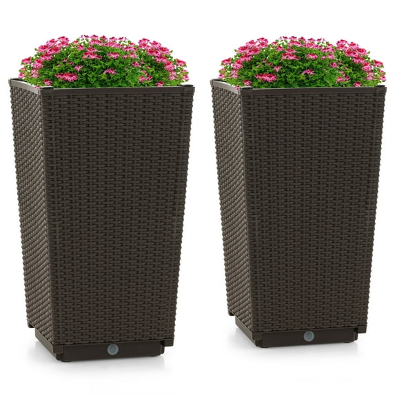 Costway 2PCS Outdoor Wicker Flower Pot 22.5''Tall Planters with Drainage Hole Coffee