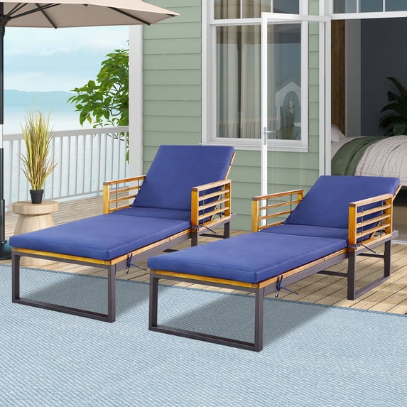 Costway 2PCS Patio Cushioned Chaise Lounge Chair Adjustable Reclining Lounger Navy