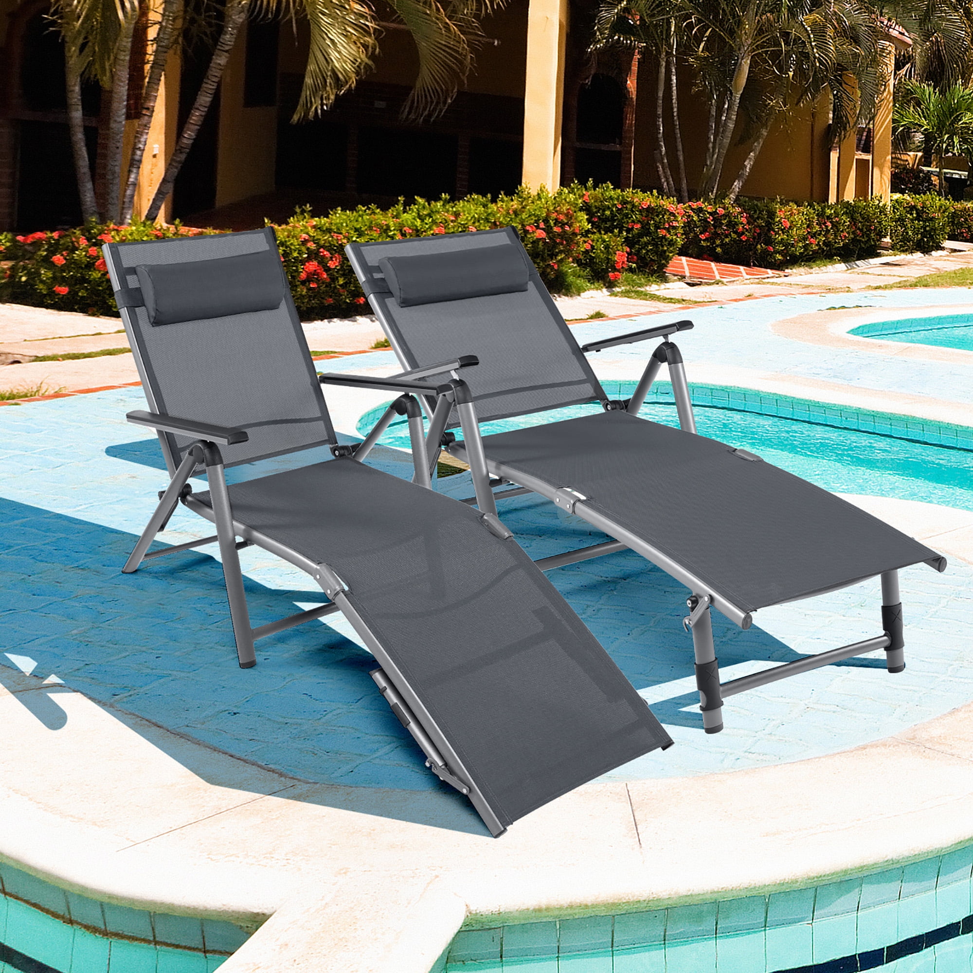 Costway Brandclub Costway 2PCS Patio Folding Aluminum Lounge Chair Chaise Adjustable Back Armrest Headrest