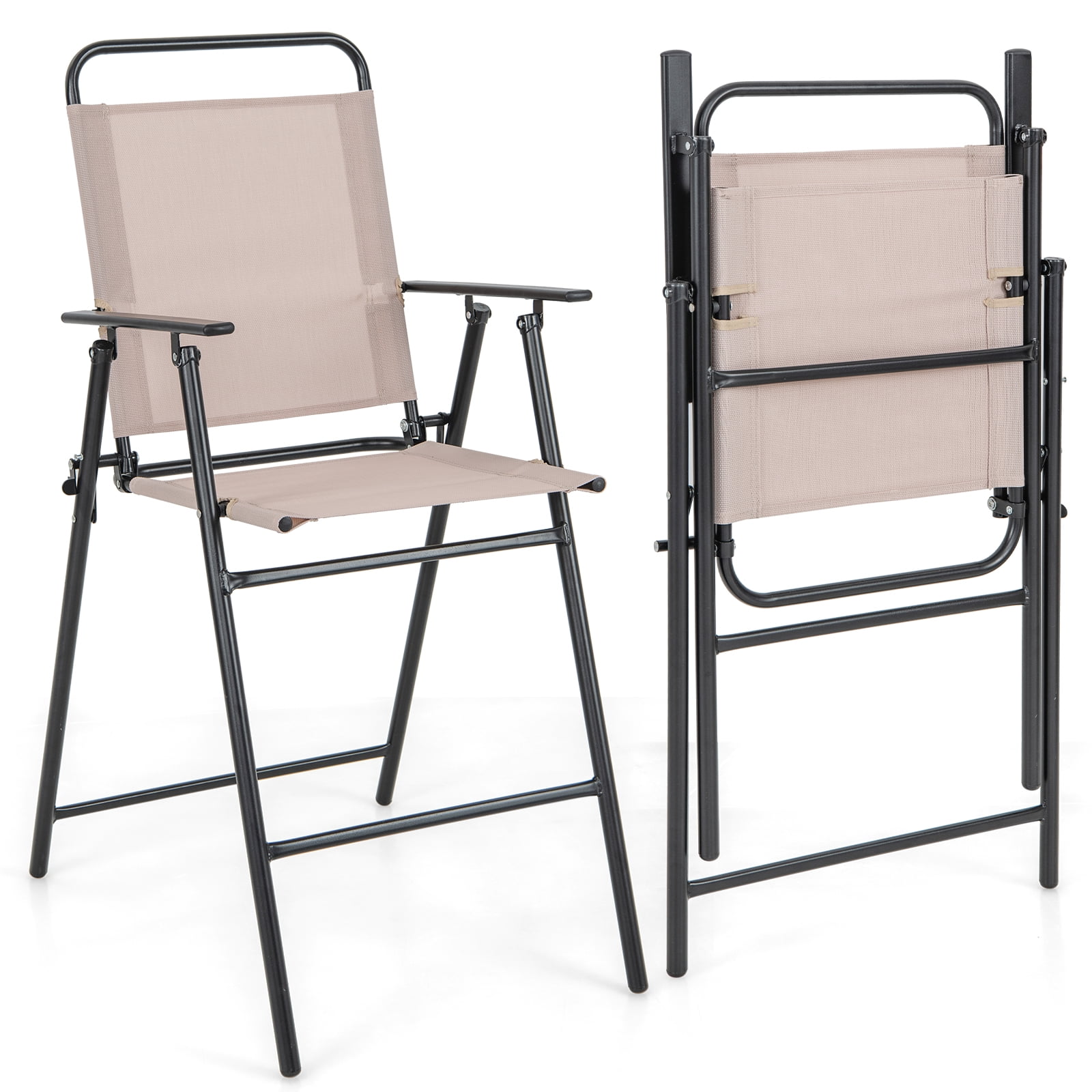 Costway 2PCS Patio Folding Barheight Chairs with Armrests Quickdrying