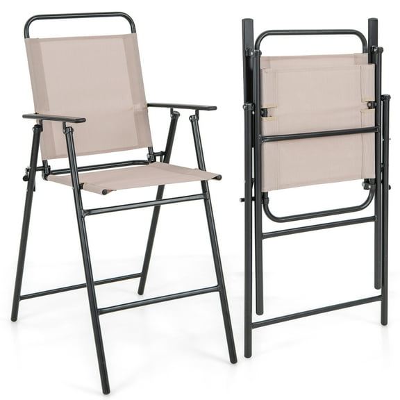 Costway 2PCS Patio Folding Bar-height Chairs with Armrests Quick-drying Seat Beige Backyard
