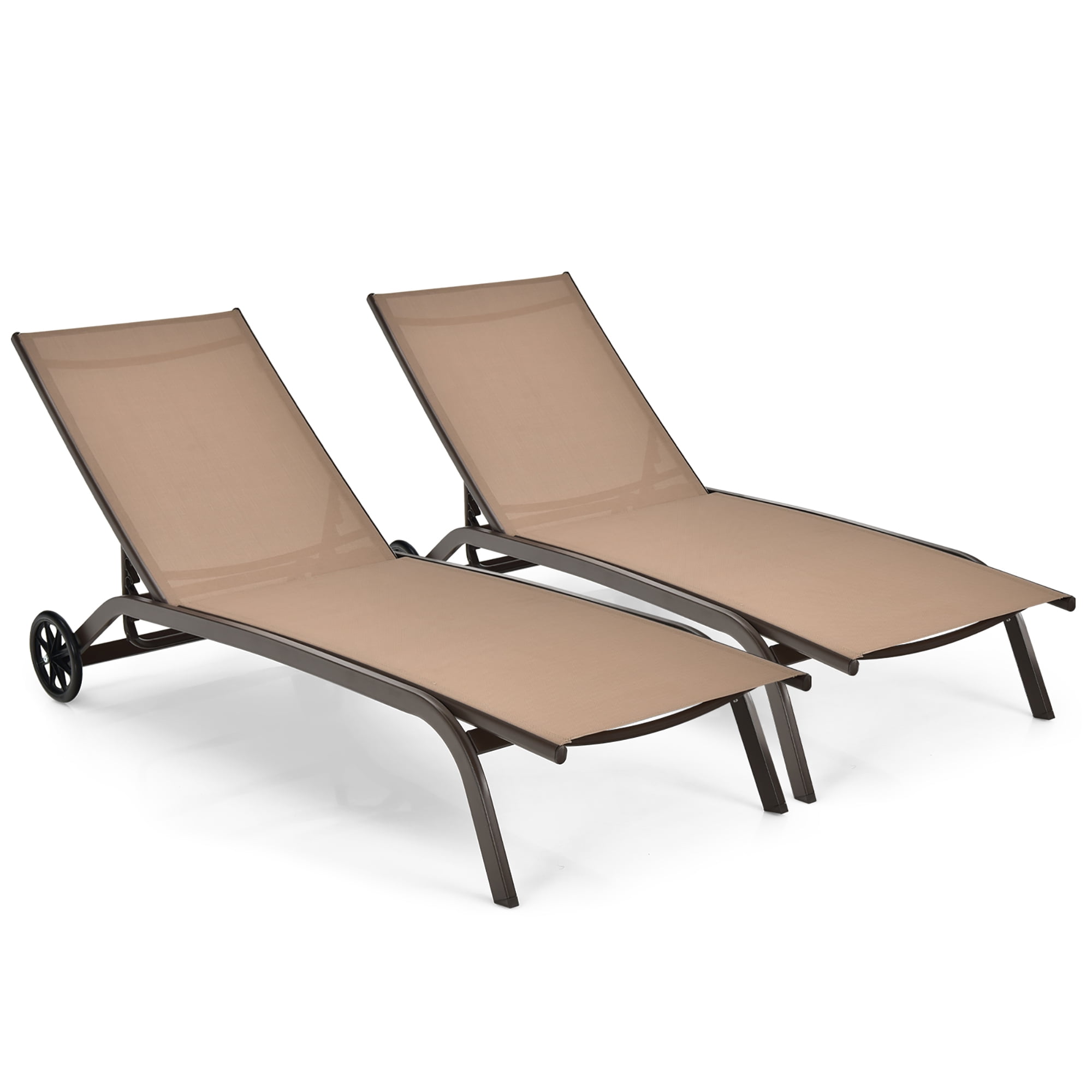 Brown Steel Adjustable Outdoor Chaise Lounge Chairs with Wheels