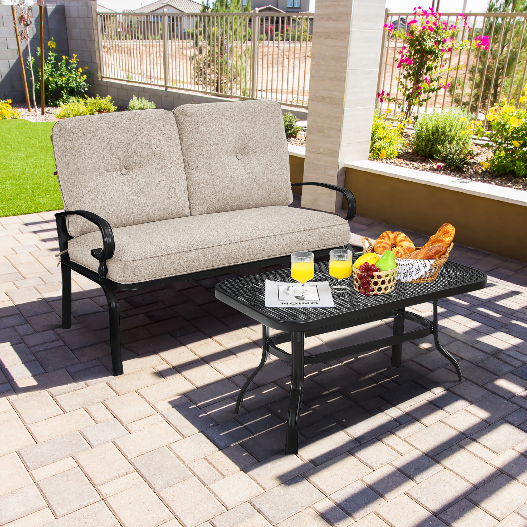 2PCS Patio Loveseat Bench Table Furniture Set Cushioned Chair Beige at Walmart