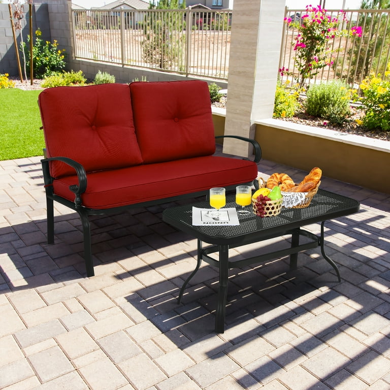Costway 2PCS Patio Loveseat Bench Table Furniture Set Cushioned Chair Red