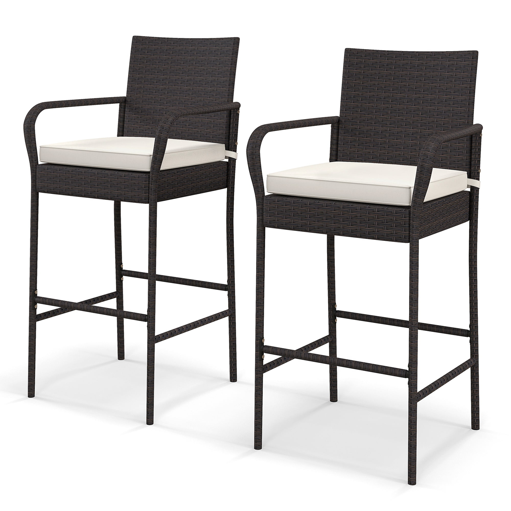 Mix Brown PE Rattan Bar Chairs with Off White Cushions