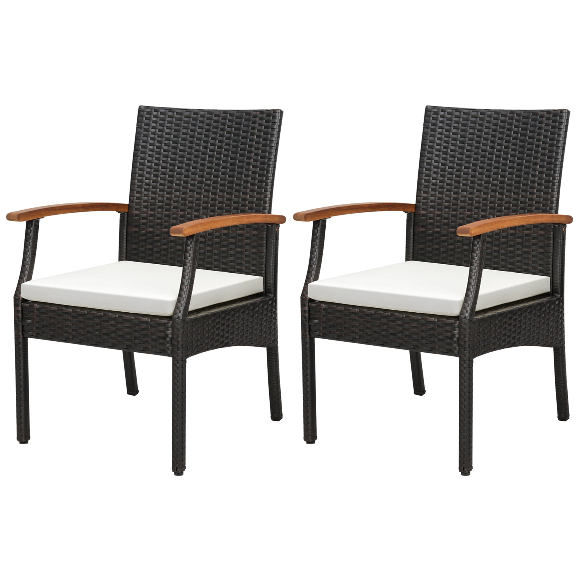 Set of 2 Off-White Cushioned Wicker Dining Chairs with Acacia Wood Armrests