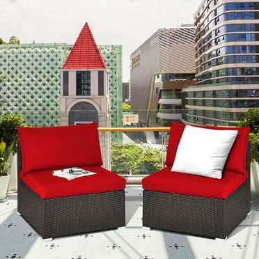 Costway 2PCS Patio Rattan Armless Sofa Sectional Conversation Furniture Set  W/Cushion Red