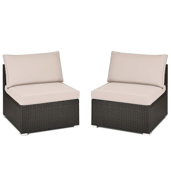 Costway 2PCS Patio Rattan Armless Sofa Sectional Furniture Brown Cushion