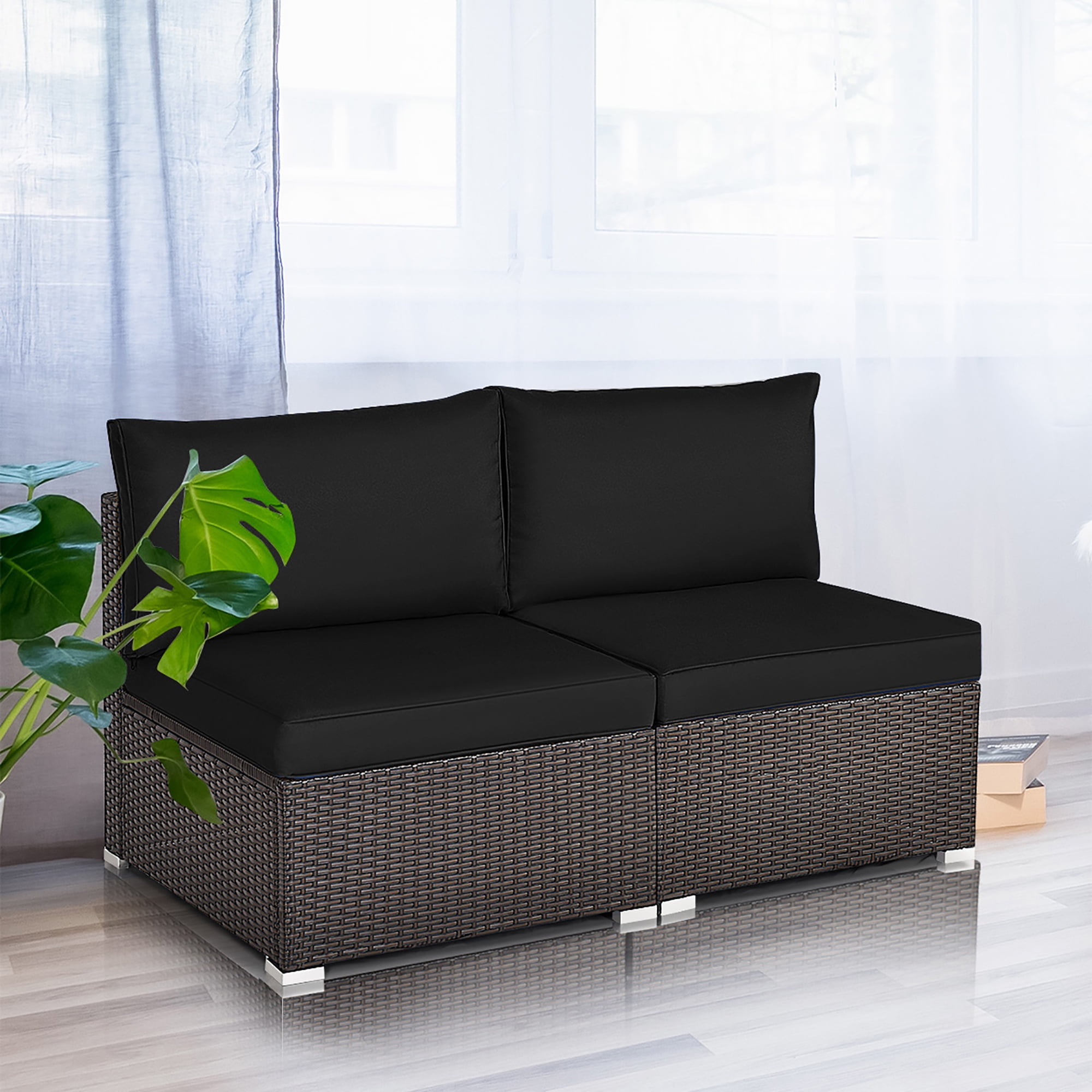 Black and Brown Rattan Armless Outdoor Sectional Sofa