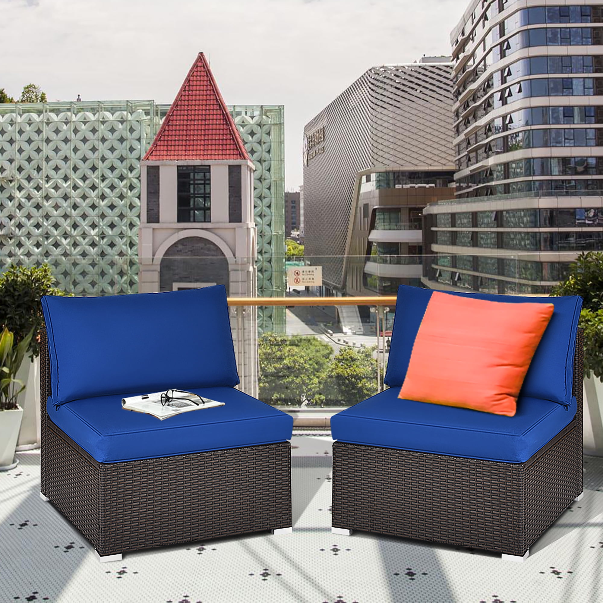 Costway 2PCS Patio Rattan Armless Sofa Sectional Furniture W/Navy Cushion