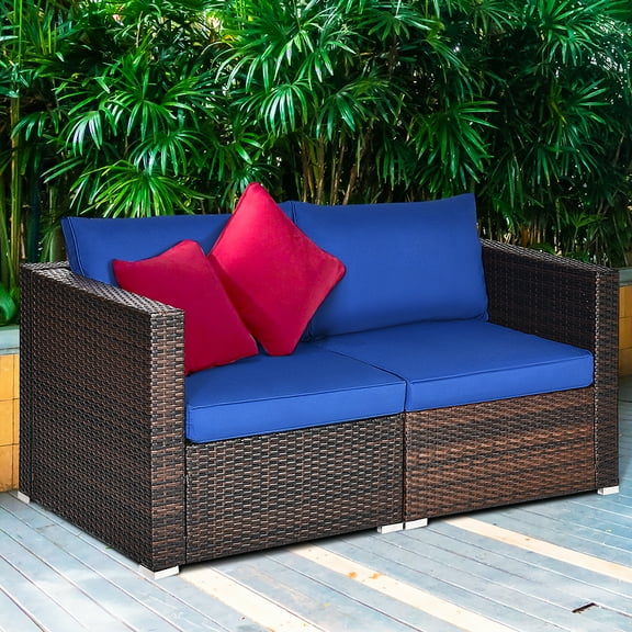 Costway 2PCS Patio Rattan Corner Sofa Sectional Furniture Navy Cushion