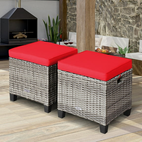Costway 2PCS Patio Rattan Cushioned Ottoman Seat Foot Rest Table Red