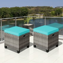 Costway 2PCS Patio Rattan Cushioned Ottoman Seat  Foot Rest TableTurquoise