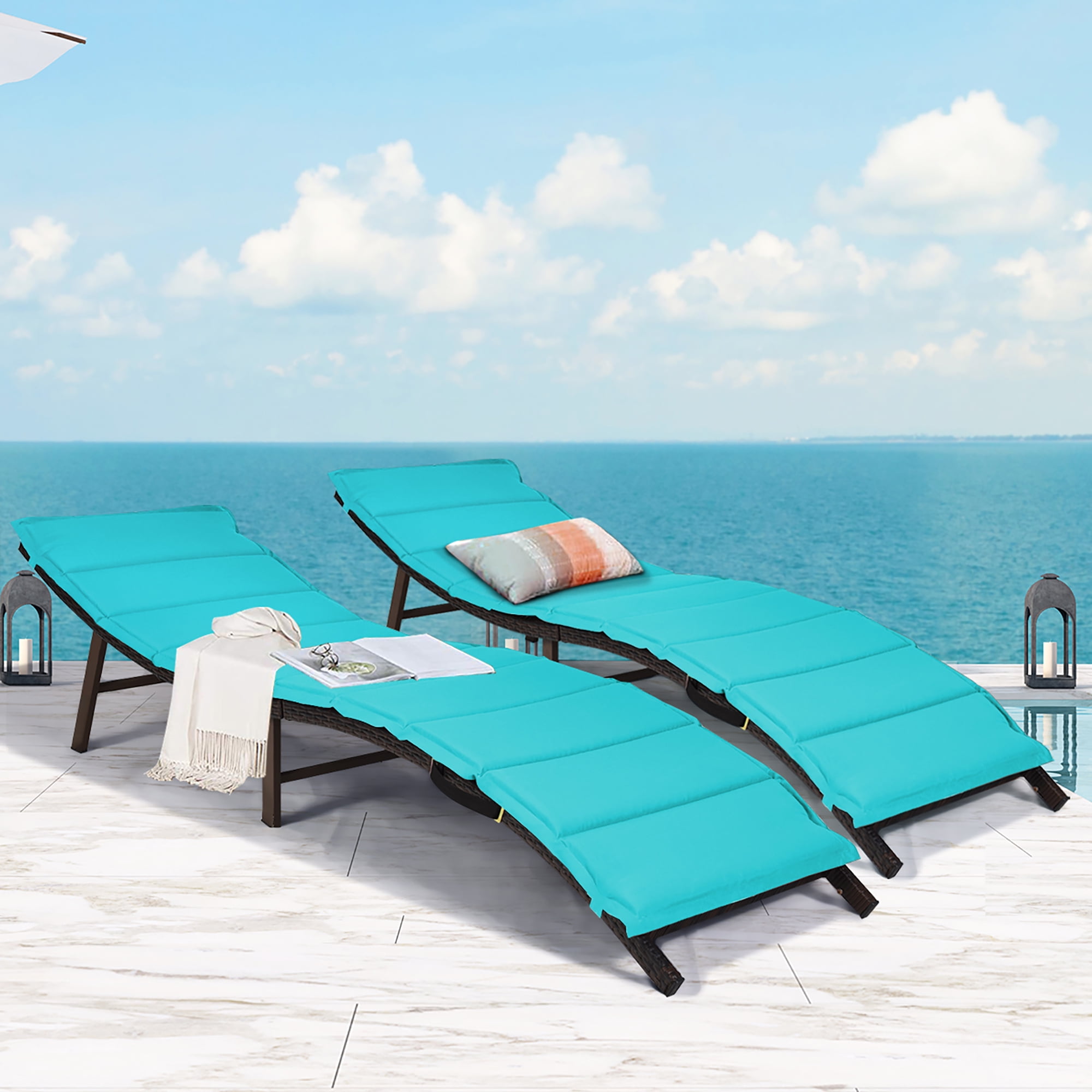 Free Shipping Costway 2PCS Patio Rattan Folding Lounge Chair Chaise Double Sided Cushion Turquoise Walmart