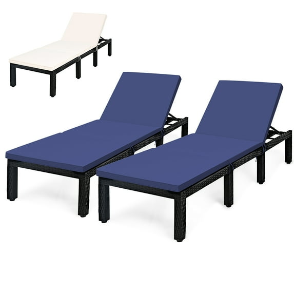 Costway 2PCS Patio Rattan Lounge Chair Chaise Recliner Adjust with Navy & Off White Cover