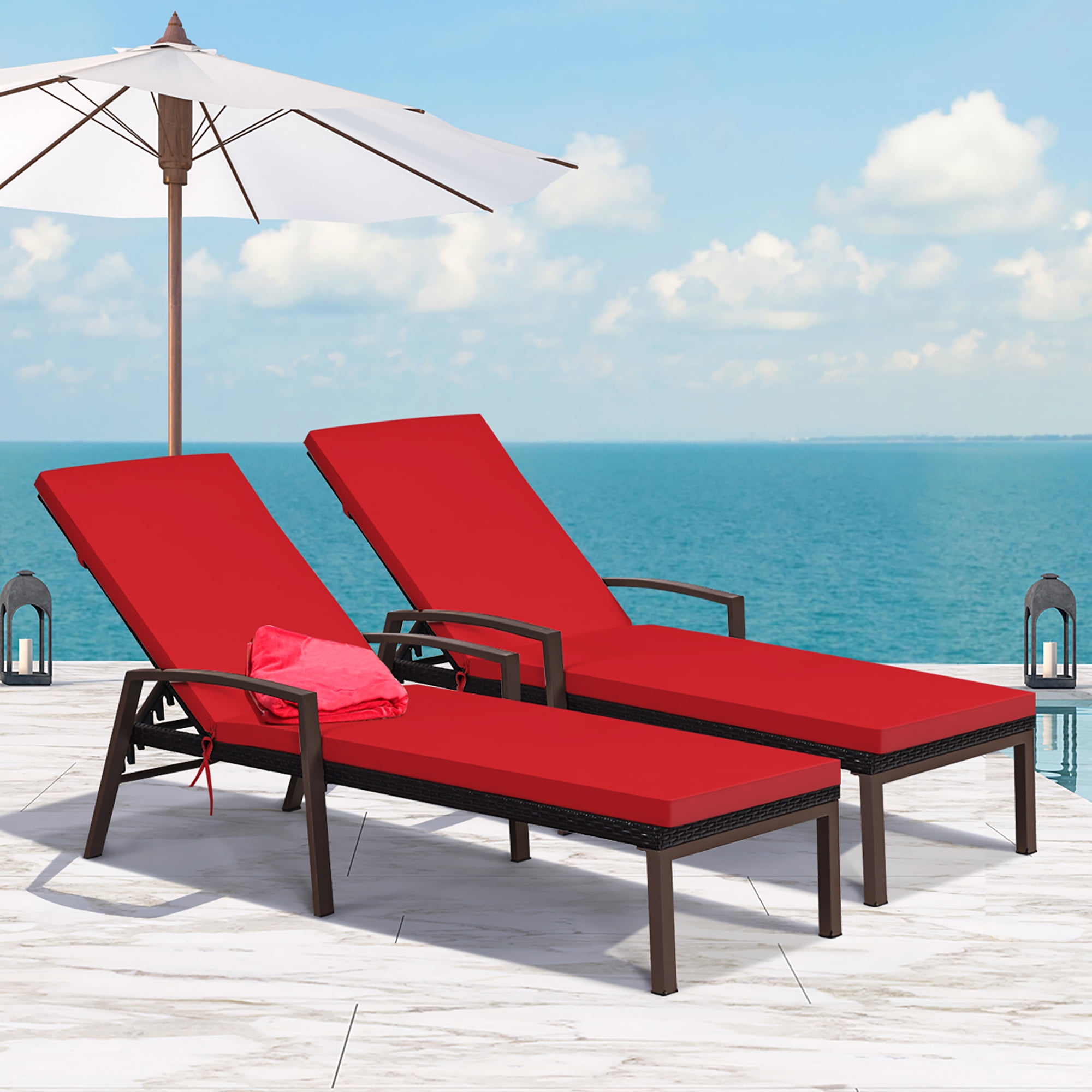 uddybe Rundt om kardinal Costway 2PCS Patio Rattan Lounge Chair Chaise Recliner Back Adjustable  Cushioned Red - Walmart.com