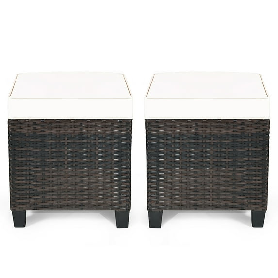 Costway 2PCS Patio Rattan Ottoman Cushioned Seat Beige