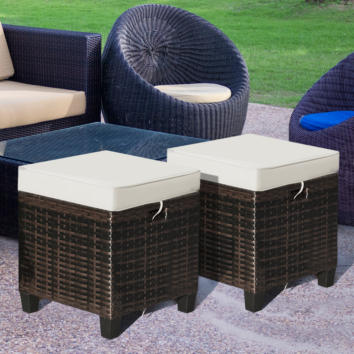 Costway 2PCS Patio Rattan Ottoman Cushioned Seat Foot Rest Coffee Table - image 1 of 10