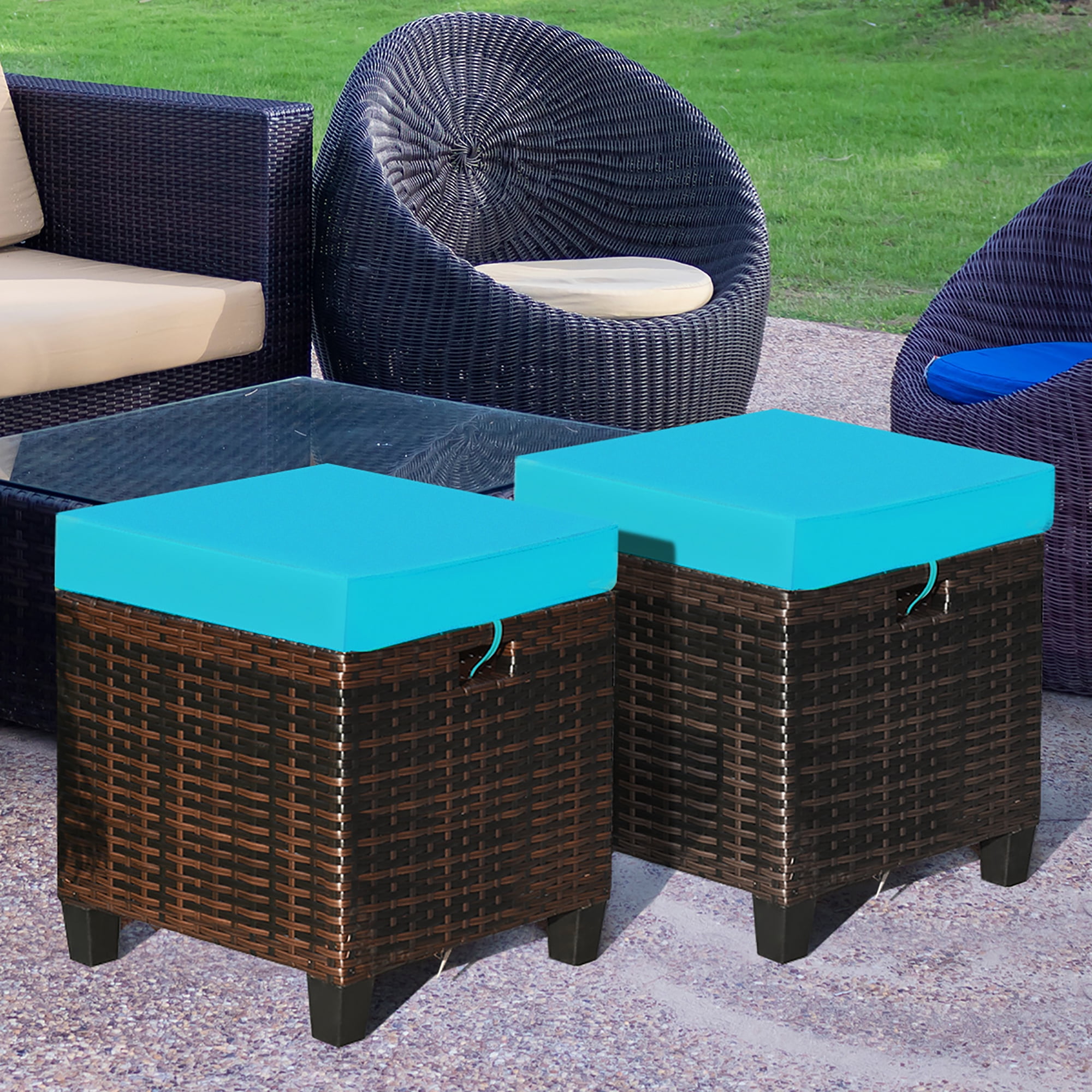 Costway 2PCS Outdoor Patio Rattan Ottoman Set Furniture with Cushioned ...