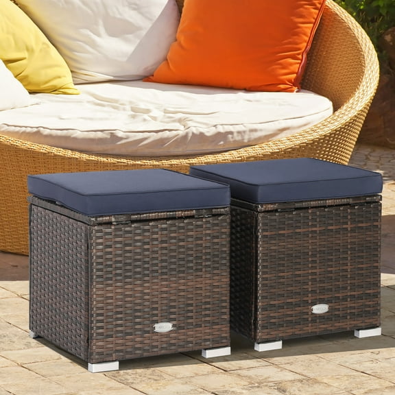 Costway 2PCS Patio Rattan Ottomans Seat Side Table Storage Box Footstool W/Cushions Navy